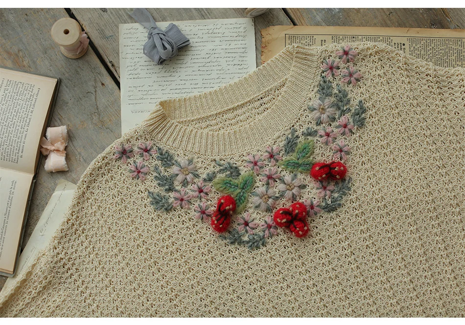 

Spring Autumn Women Casual Ultra Loose Knitted Dress Ladies Sweet Mori Girls Handmade Embroidery Oversized Dresses Robe Femme