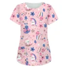 Женская рубашка с милым мультяшным принтом, топы для кормящих мам, топы с коротким рукавом, Рабочая форма с карманами, одежда с принтом пасхального кролика
