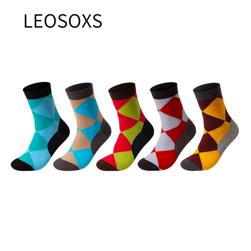 5 Pairs Men Crew Socks Autumn Business New Style Rhombus Patchwork Harajuku Mid Calf Combed Cotton Breathable Casual Man Sock
