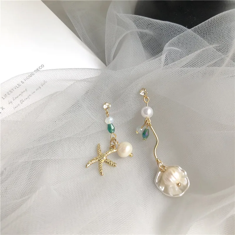 Милый акриловый бисер жемчужные серьги мода Асимметричная ракушка Морская