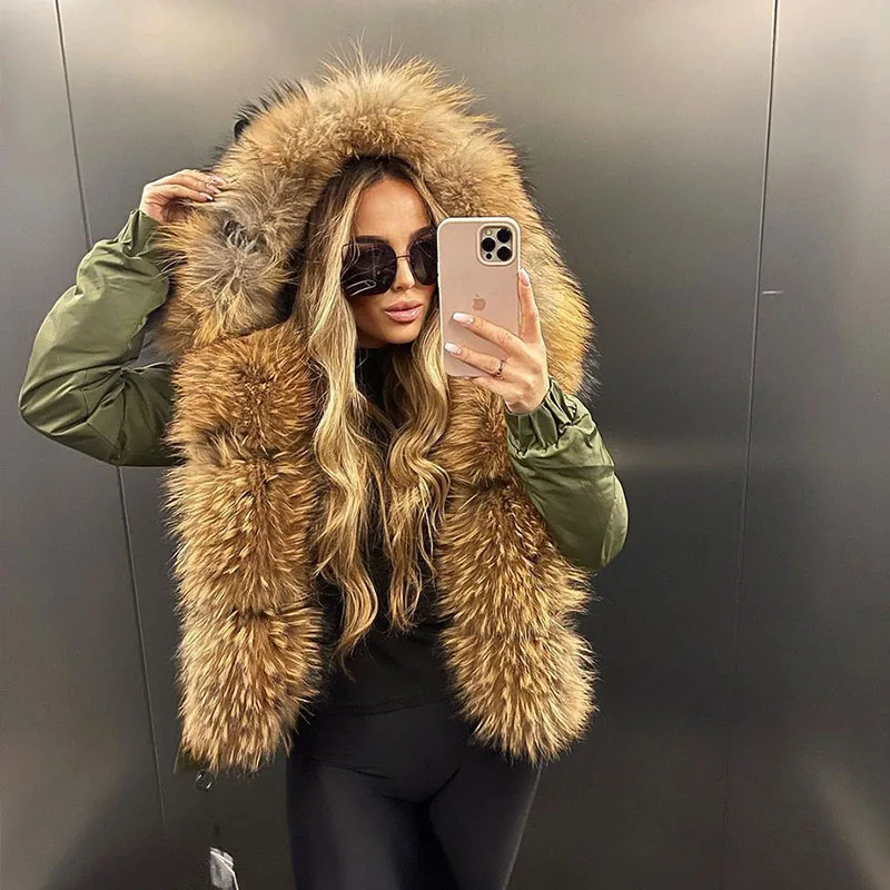 MAOMAOKONG 2022 New Women's Winter Real Fox Fur Coat Female Short Natural Raccoon Big Fur Collar Parka Bomber Jacket Slim