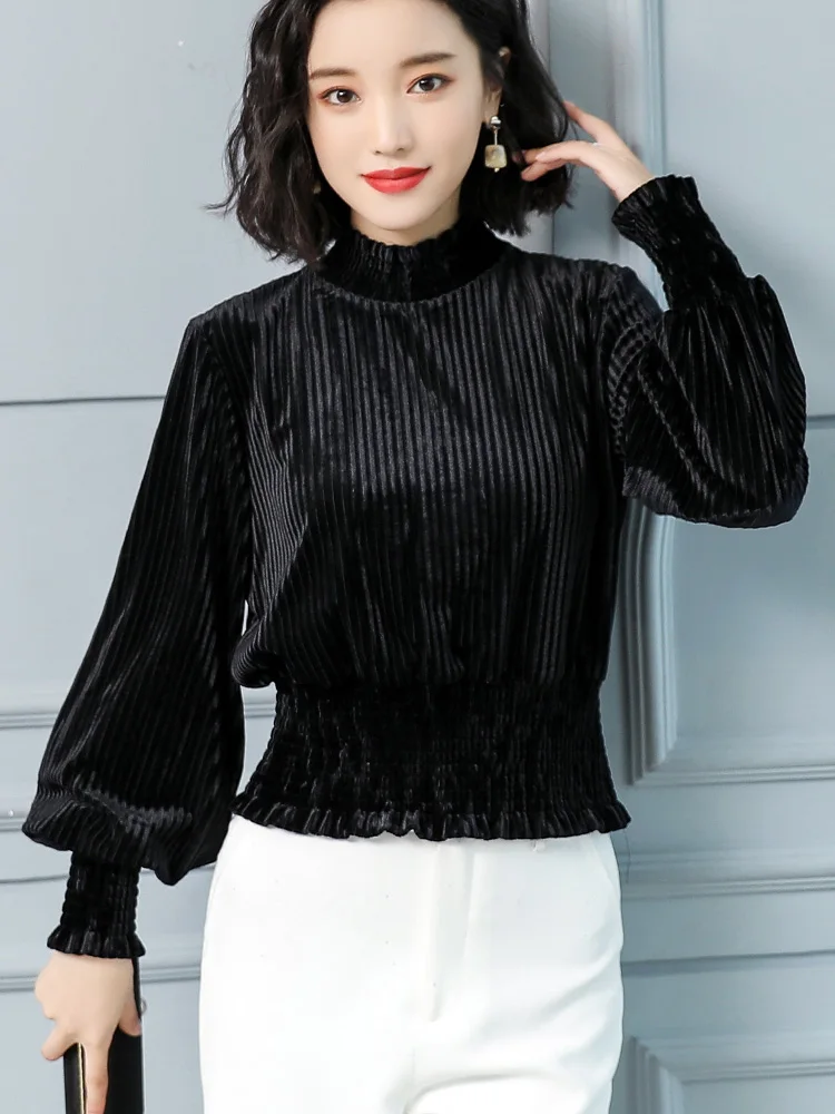 

High-necked bottoms 2020 new spring autumn bubble-sleeve gold velvet lantern-sleeved tops for women Corduroy