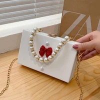 fashion trend beading solid color square box messenger bag cute sweet pearl lady handbag casual creative bow women shoulder bag