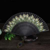 ladies decorative folding fan bamboo wood silk peacock hand crank fan classical chinese fan outdoor holiday gift folding fan