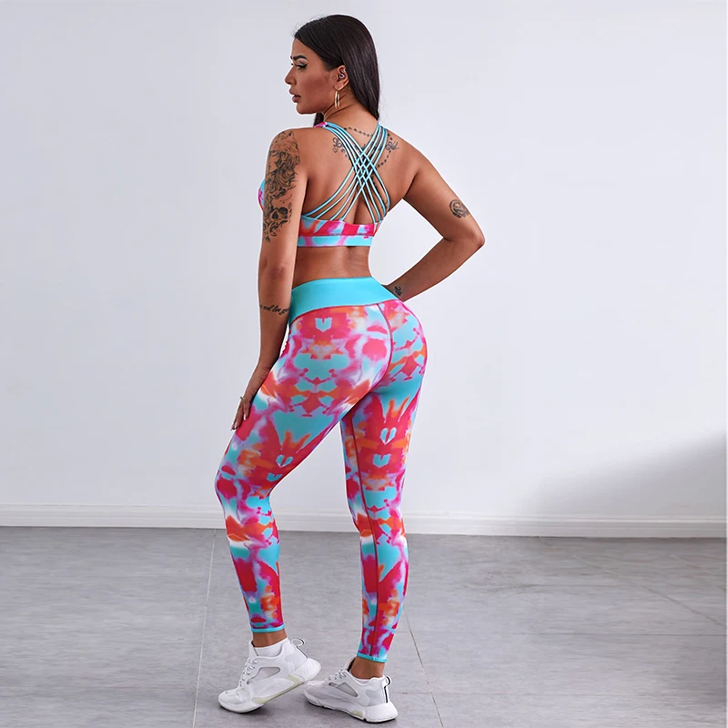 CyiExi размера плюс Tie Dye комплект леггинсов для бега женские спортивные костюмы для тренажерного зала Yo-ga женские Топы Пуш-ап комплект из 2 пред... от AliExpress WW