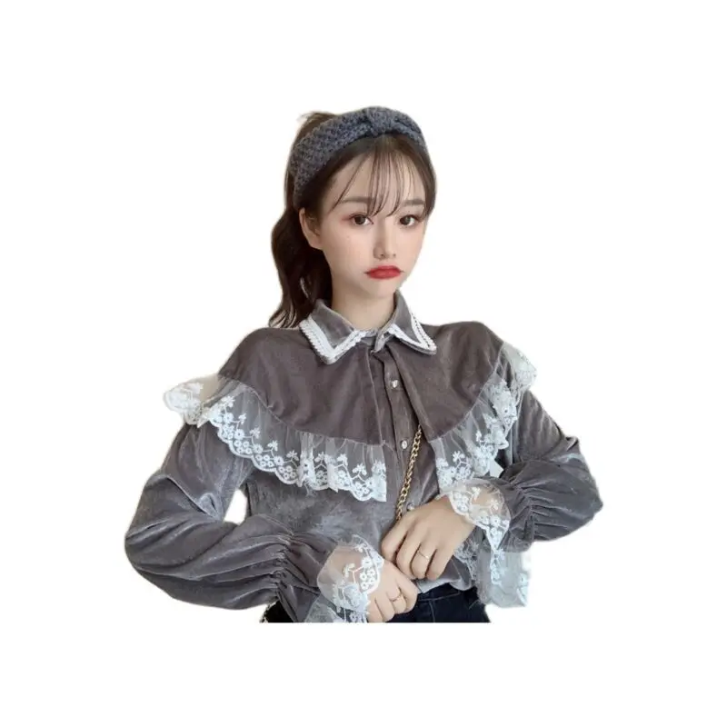 

2021 Spring Autumn Women Korean Sweet Vintage Turn-down Collar Flared Sleeve Single-breasted Shirt Splicing Lace Blouses Y374