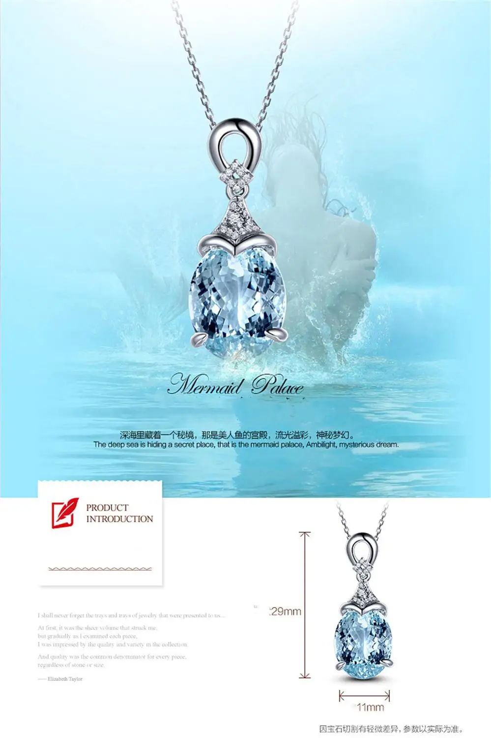 Aquamarine blue crystal pendant necklace for women white gold silver color choker zircon diamonds gemstones bijoux jewelry gift | Украшения