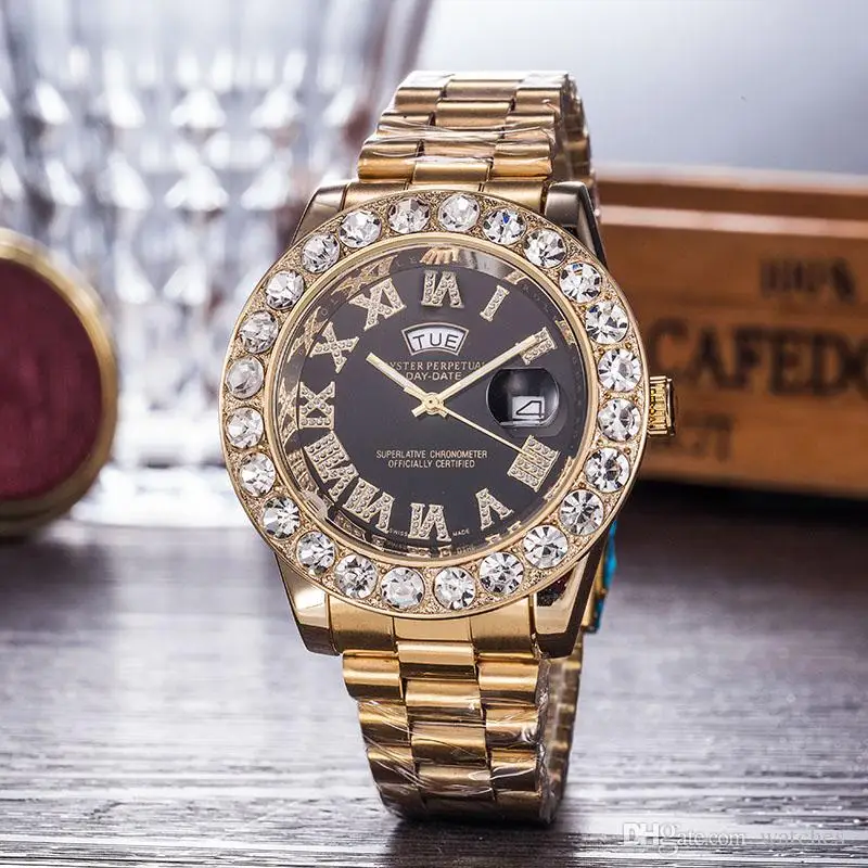 President Day Date Gold Perpetual Роскошные мужские часы с большим алмазным ободком из