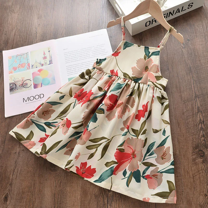 Милое платье принцессы на бретельках без рукавов с цветочным принтом для девочек