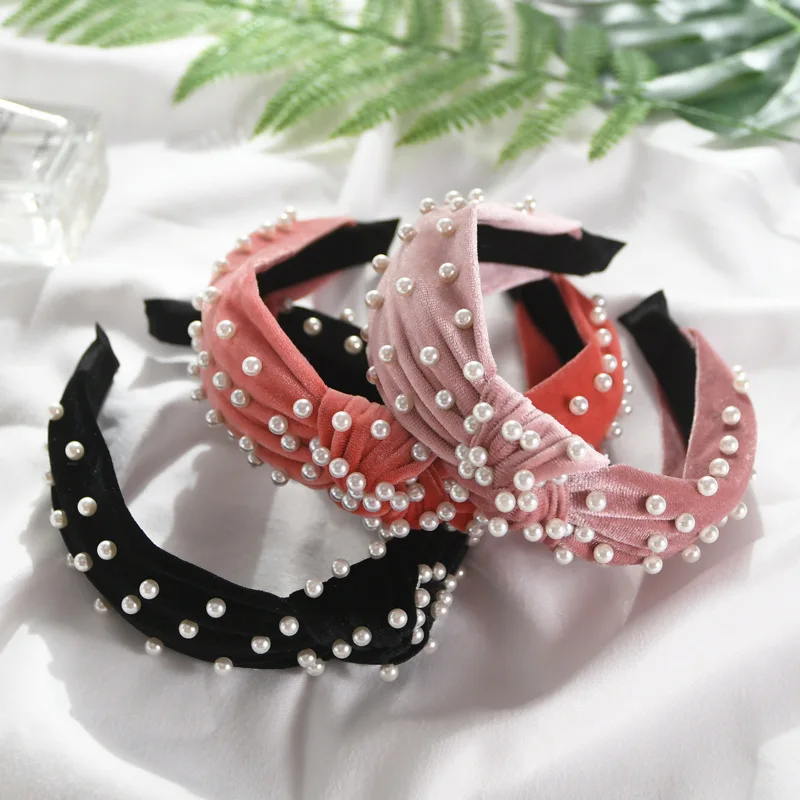 Ободок для волос с жемчугом бархатный ободок узлом Женская однотонная повязка