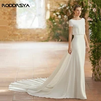 roddrsya chic a line chiffon boho wedding dresses scoop neck lace short sleeves bride gowns backless detachable train