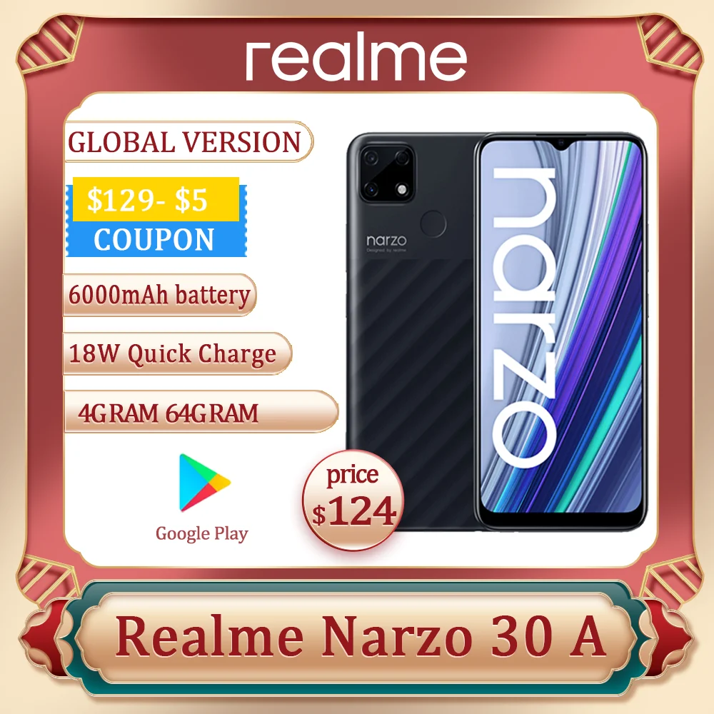 Realme Narzo 30A смартфон глобальная версия 4GB/64GB Helio G85 6 5 'дюймовый полноэкранный 6000