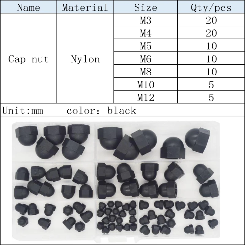 

80pcs/Set Nylon Hexagon Domed Cap Acorn Nuts M3 M4 M5 M6 M8 M10 M12 Ball Head Nut White Black Plastic Round Head Hex Nuts