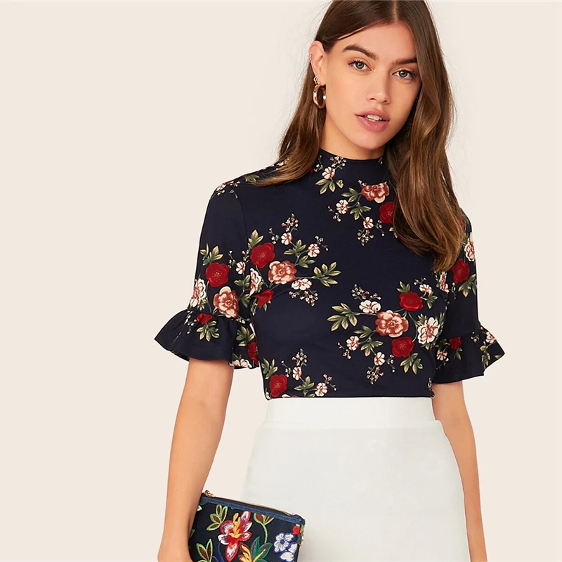 SHEIN abaya/темно-синяя гофрированная манжета с круглым вырезом, футболка с цветочным принтом, топ, женский летний рукав-Волан женские, облегающие элегантные футболки, топы