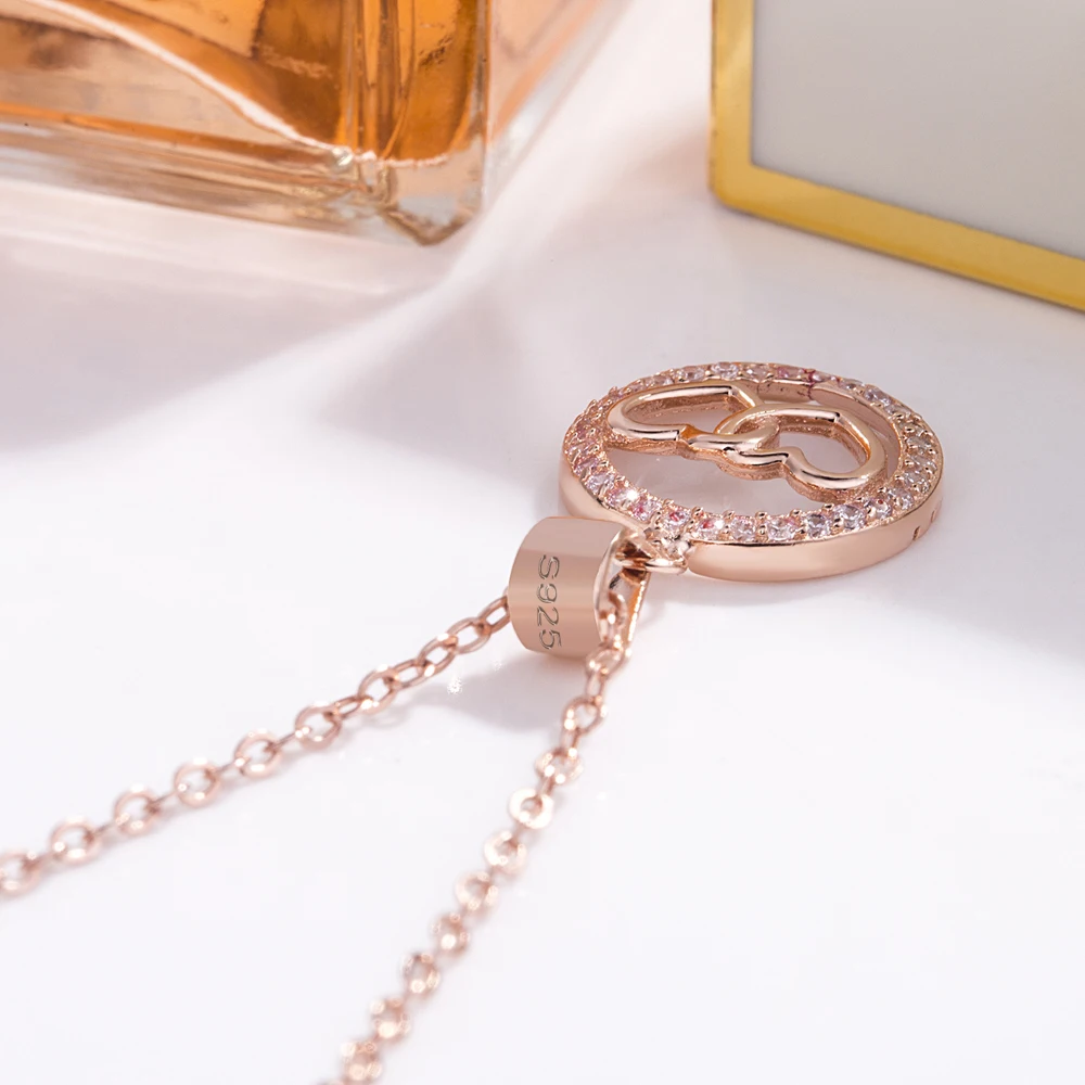 

Simple Women's 925 Sterling Silver Necklace Double Heart Pendant Necklace Noble Rose Gold Clavicle Chain Party Jewelry Gift