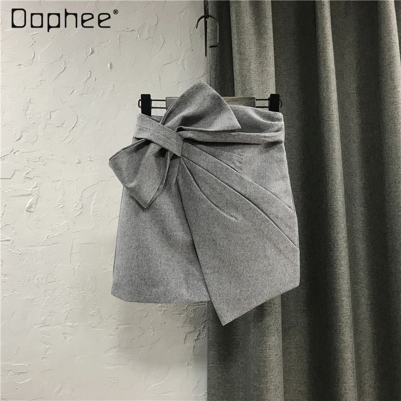 

Асимметричный Подол Harajuku, серый короткий костюм с высокой талией, юбка, женский осенний костюм с бантом, плиссированная мини-юбка, Mujer Faldas, 2021