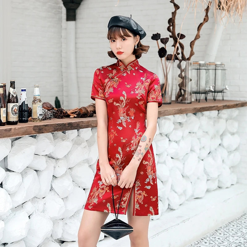 2023 New Summer Chinese National Short Cheongsam Dress Dragon Phoenix Women Split Mini Dresses Qipao |