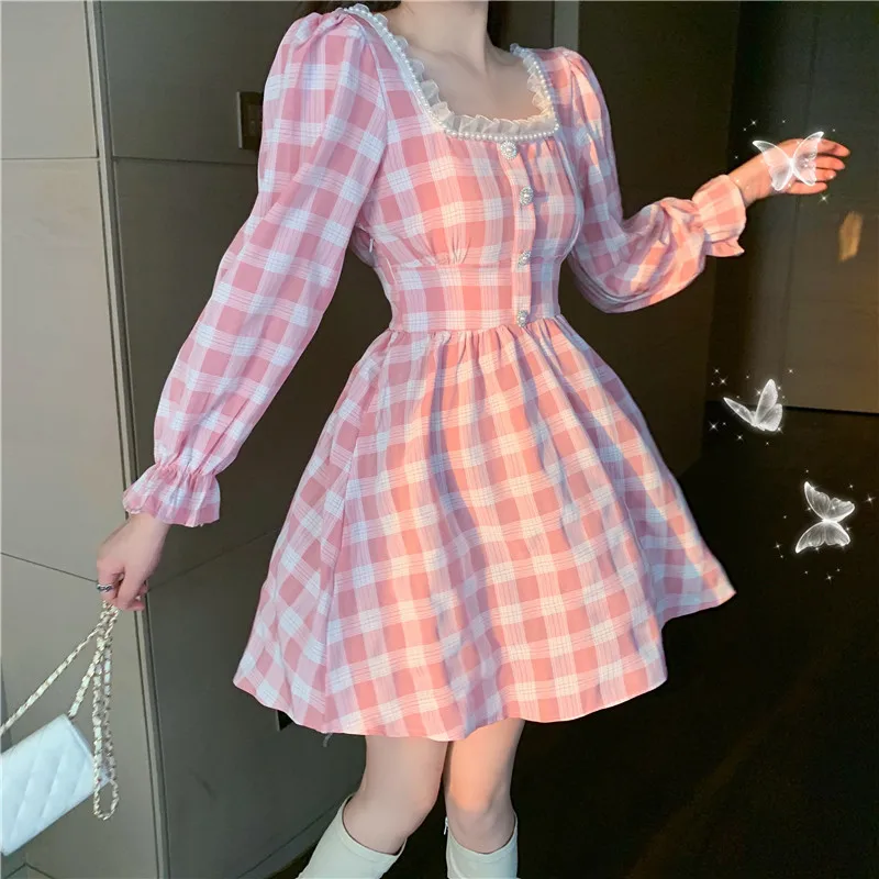 

Japanese Autumn Women Mini Lolita Dress Square Collar with Lace Black and Pink Plaid Beading Cute Kawaii Feminine Dress