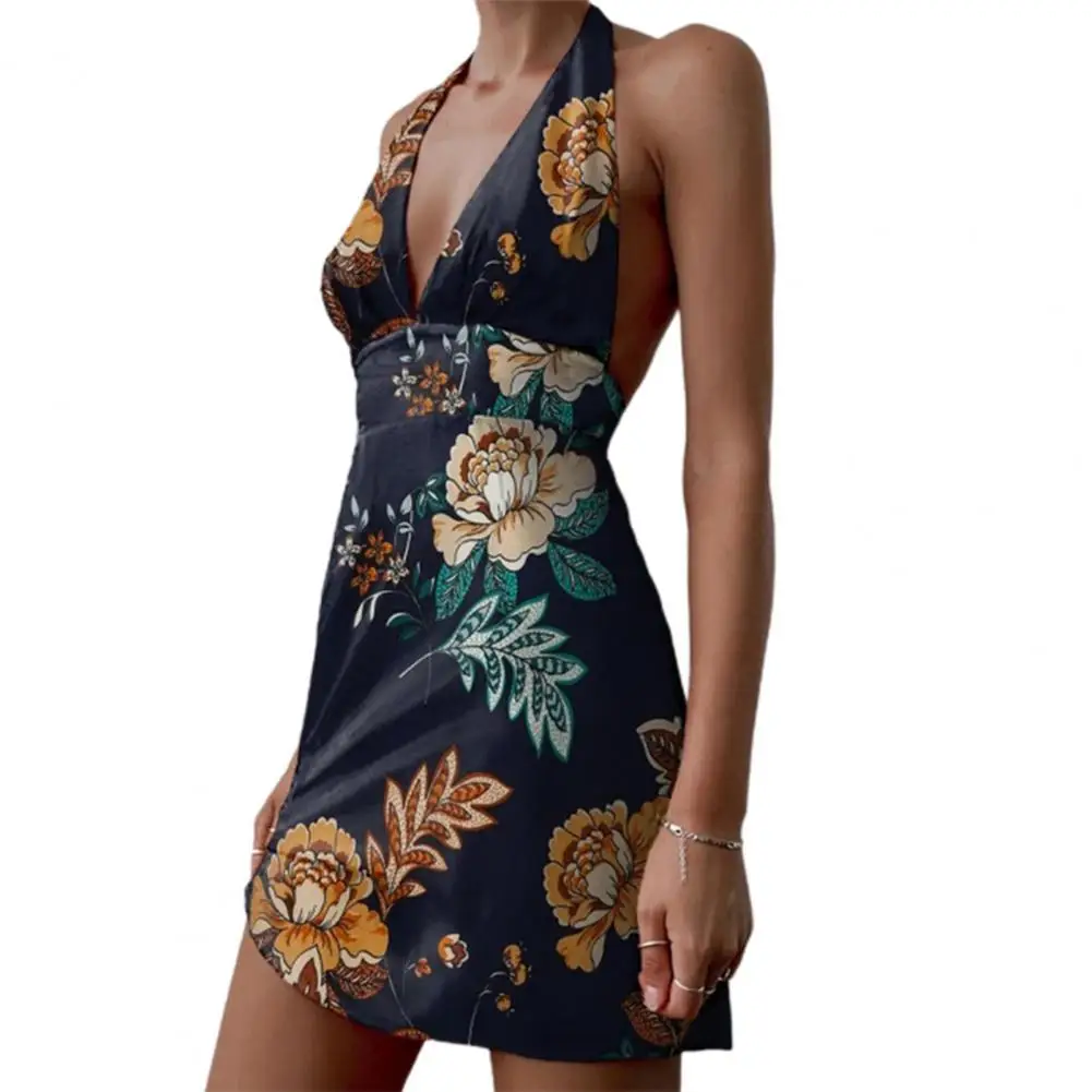 

2021 Сексуальное Женское платье с глубоким V-образным вырезом, без рукавов, с открытой спиной, облегающие мини-платья, пляжная одежда с цветочн...