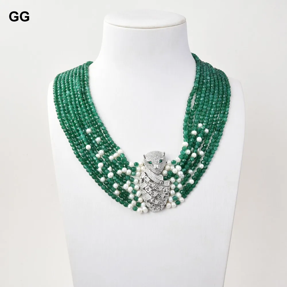 Ожерелье с зелёным агатом и белым жемчугом 18 дюймов 9 нитей|pearl necklace|white pearl