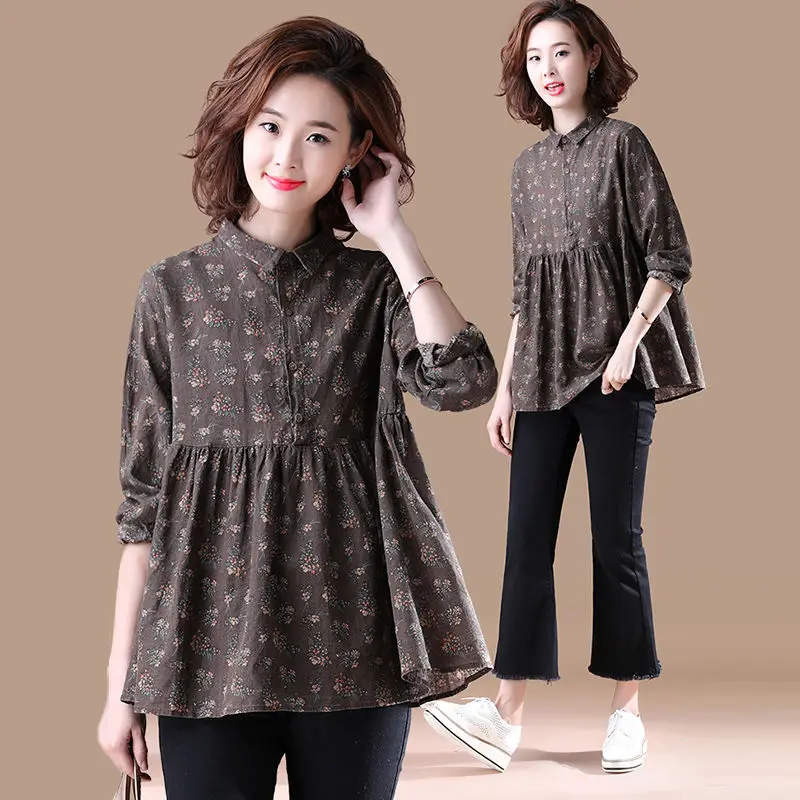 Женские блузки с длинным рукавом повседневные рубашки винтажным принтом в стиле