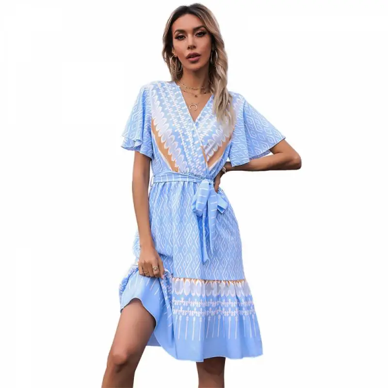 

Short Sleeve Dresses Woman Summer 2021 New Pleated Dress V-neck Belt for Women Lace-up Women's Sundresses Print Plus Size Long