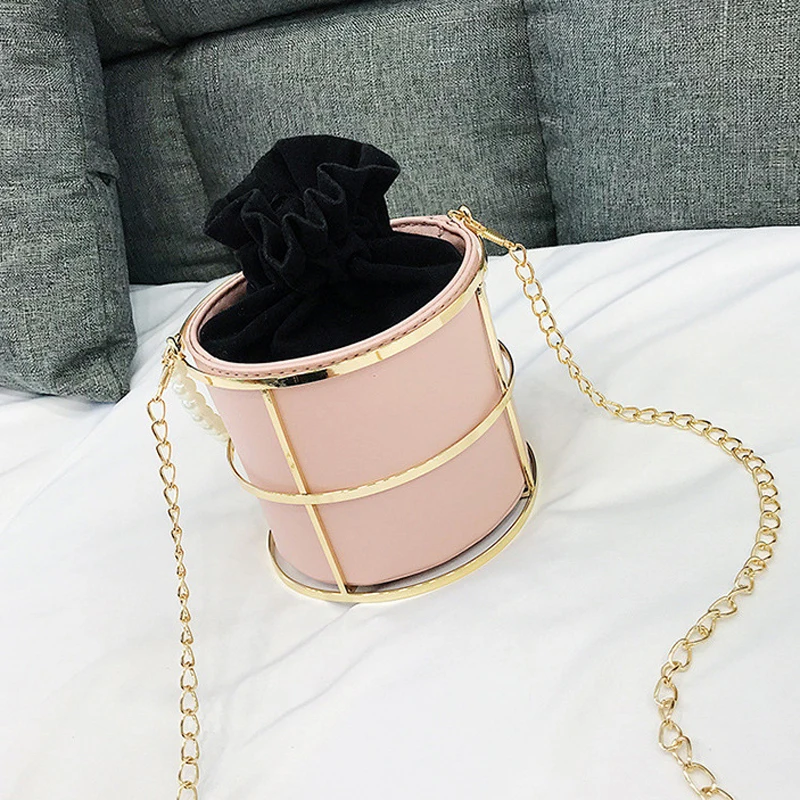 

Hollow Out Fashion Women Evening Bags PU Bucket Design Day Clutch Beaded Chain Shoulder Wedding Party Handbags