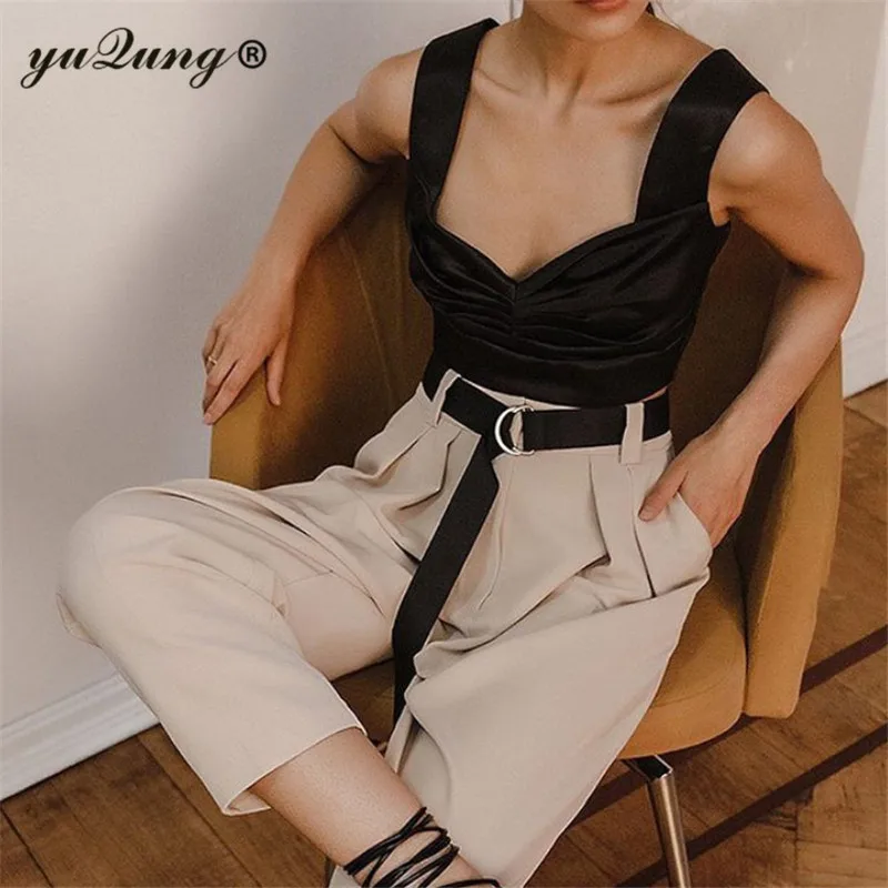 yuqung Women satin silk v neck Camis Streetwear Summer Ruched Pleated Short Tank Tops 90s Cool Girls Slim Crop Top Tees | Женская одежда