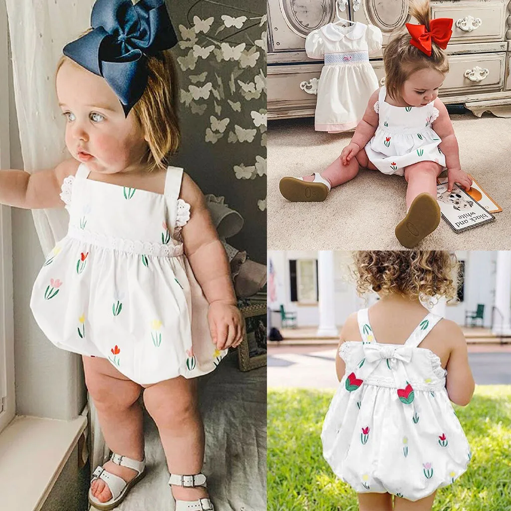

Baby Romper Bag Fart Clothes Summer Sleeveless Sling Lace Flower Printed Floral Bow One Piece Romper Bag Fart Clothes боди X*