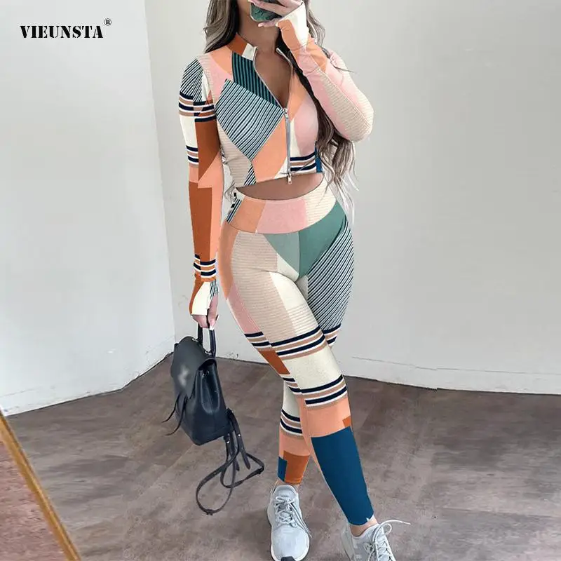 

2022 Spring New Women Tracksuits 2 Piece Set Fashion Print Long Sleeve Casual Zip Tops + Long Pants Suits Slim Outfits Clothing