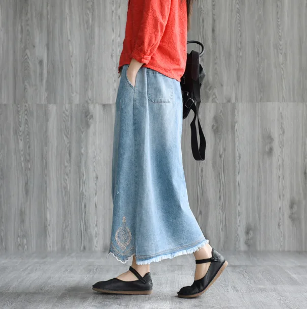2021 Новинка весны Сезон лето Женская обувь Винтаж длинная джинсовая юбка с