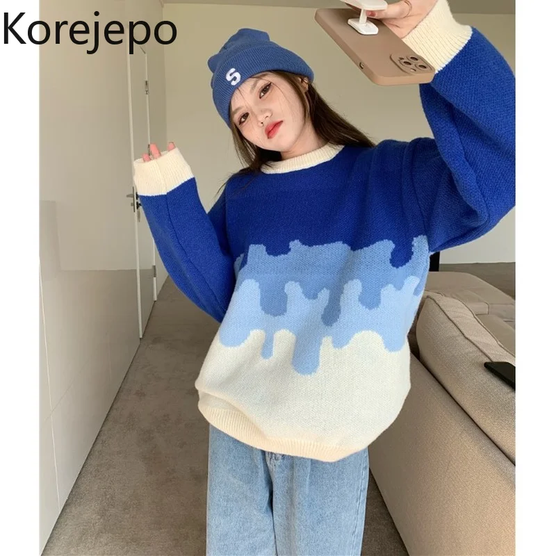 

Korejepo Gradient Round Neck Pullover Loose Sweater Thickened 2021 New Korean Chic Fashion Casual Sweet Loose Knit Top Sweaters