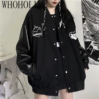 spring black coat women leather patchwork baseball bomber students jacket loose couples tops harajuku oversize streetwear