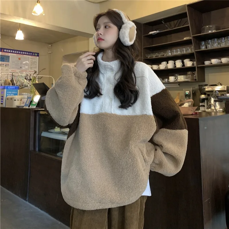 2021 Lamb Sweater Hoodie Teddy Wool Jacket Patchwork Casual Loose Pocket Korean Version Boyfriend Wind Street Warm Winter Tops | Женская