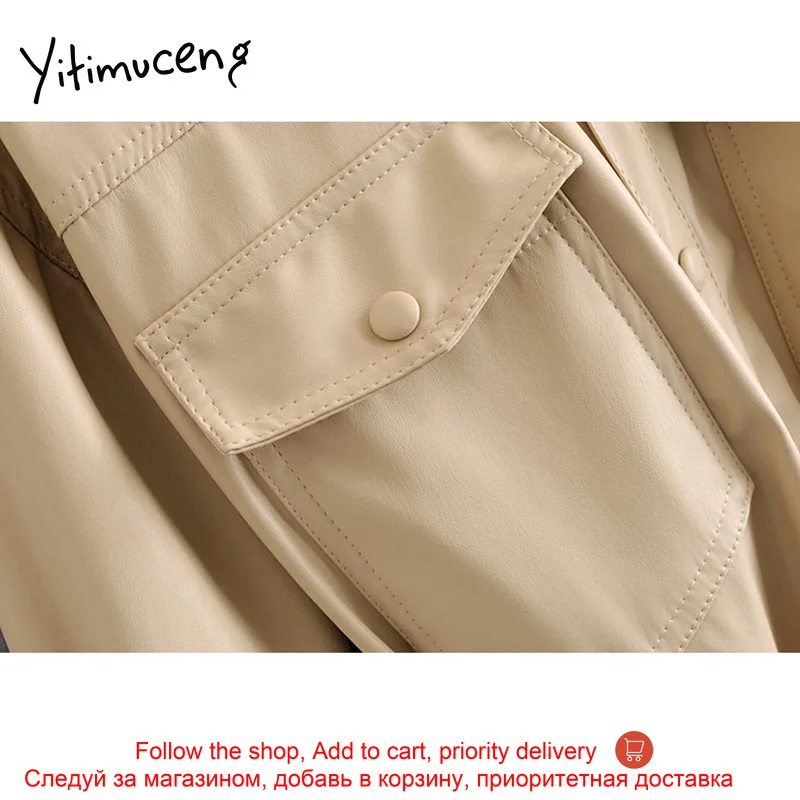 

yitimuceng new women leather jacket khaki black single breasted female long coat solid pockets with belt biker jacket women 2020