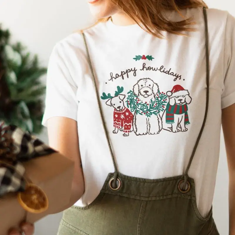 Новое поступление, забавная Повседневная Футболка HAPPY HOWLIDAYS с цветным графическим принтом, 100% хлопок, милые рубашки для любимых домашних животных, рождественские подарки