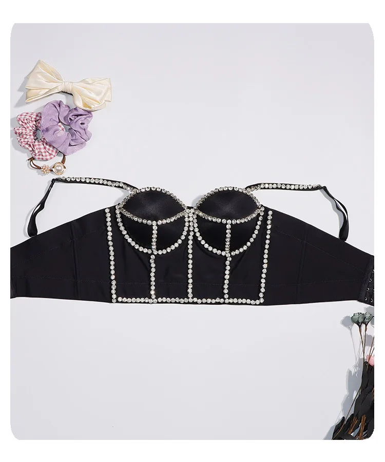 Fashion Spaghetti Strap Cropped Tops Vintage Backless Black Cami Top Party Club Celebrity Vest Caims Beading Bra