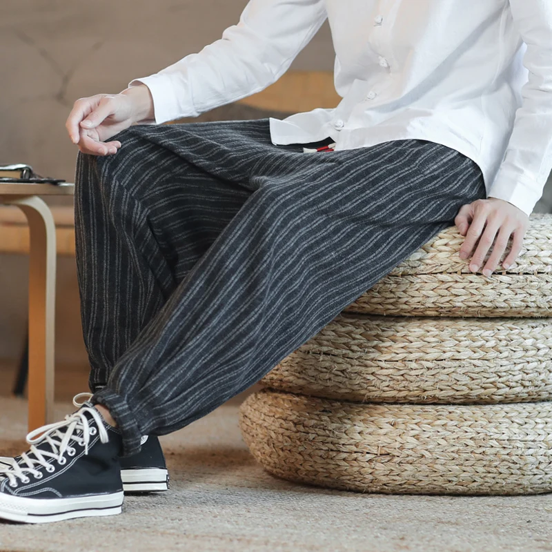 

Men's Loose Pants Fashion Oversize Chinese Style Wool Pants Plus Size Cuffed Pants Autumn Winter Pants Striped Pants