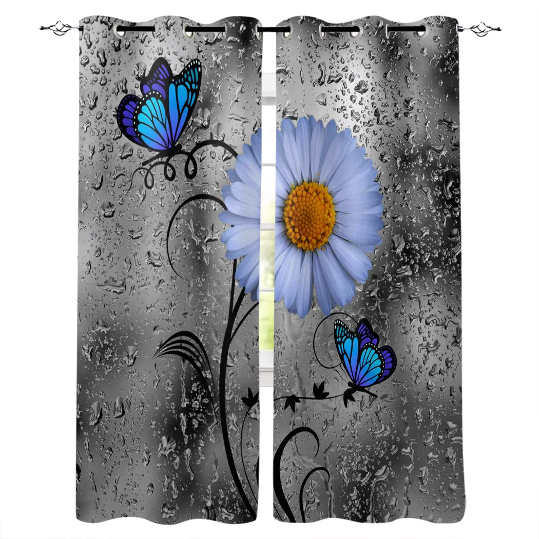 Маленькие маргаритки цветы бабочки стеклянные капли занавески для гостиной