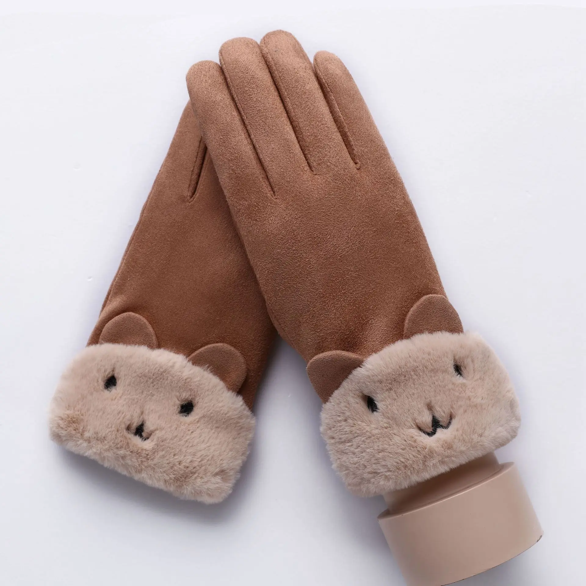 081A-Bear-Khaki Sparsil женские замшевые перчатки с сенсорным экраном, зимние двухслойные меховые варежки, теплые модные перчатки с вышивкой в виде снежинки для улицы - Цвет: 081A-Bear-Khaki