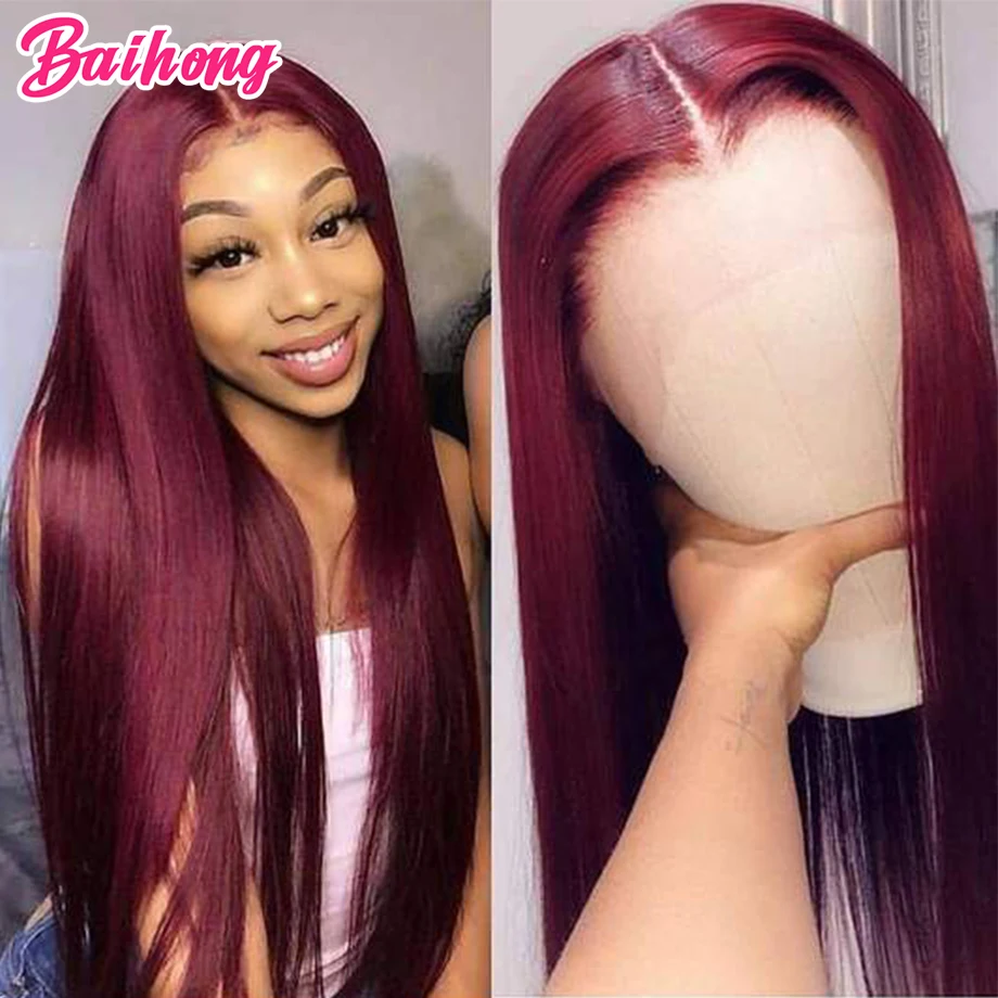 

Burgundy 13x4 HD Transparent Lace Front Human Hair Wigs 99J Straight Lace Frontal Wig For Women Pre Plucked Non-Remy Baihong