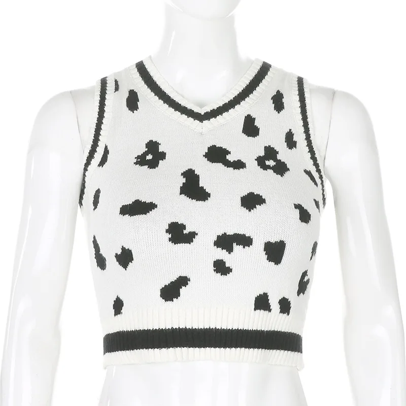 

2021 Streetwear Knitted Tank Sweater Vintage Sleeveless Leopard Milk Pattern Pull Femme V Neck Sweaters Women