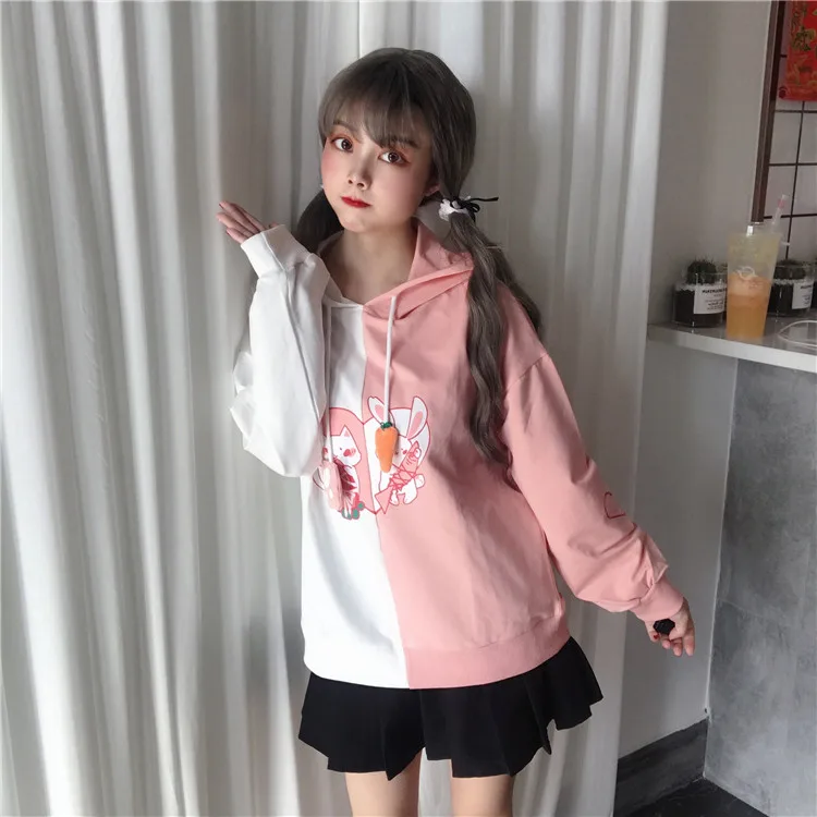 Женская толстовка Kawaii с заячьими ушками и милым кроликом котом, милая Толстовка Harajuku, мягкий розовый пуловер с аниме для девочек, спортивная одежда