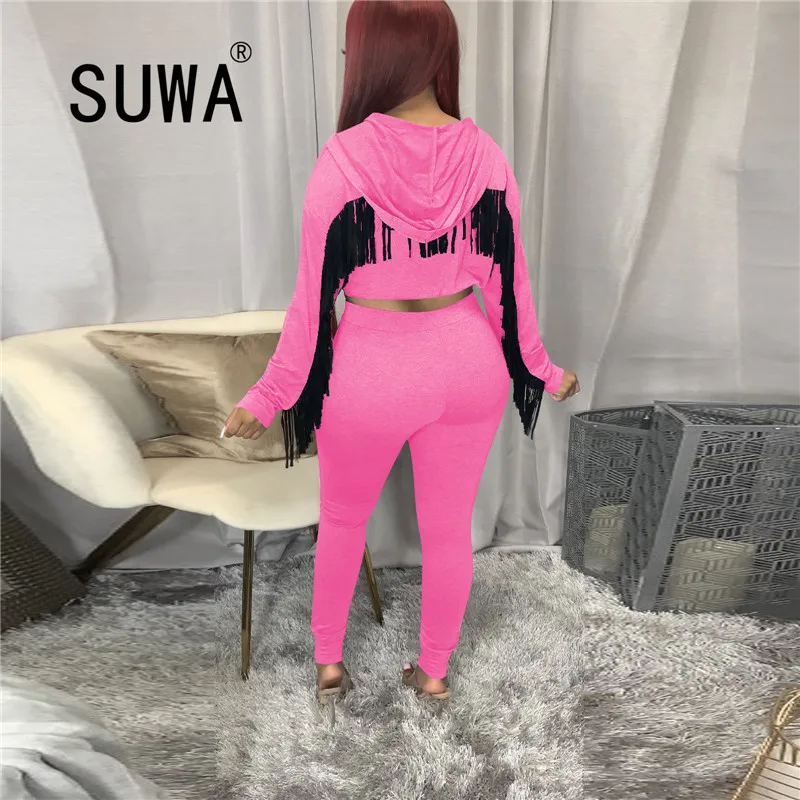 

Back Tassel Patchwork Zipper Long Sleeve Coats And Jacket High Waist Pants Sexy Chic Women Matching Sets