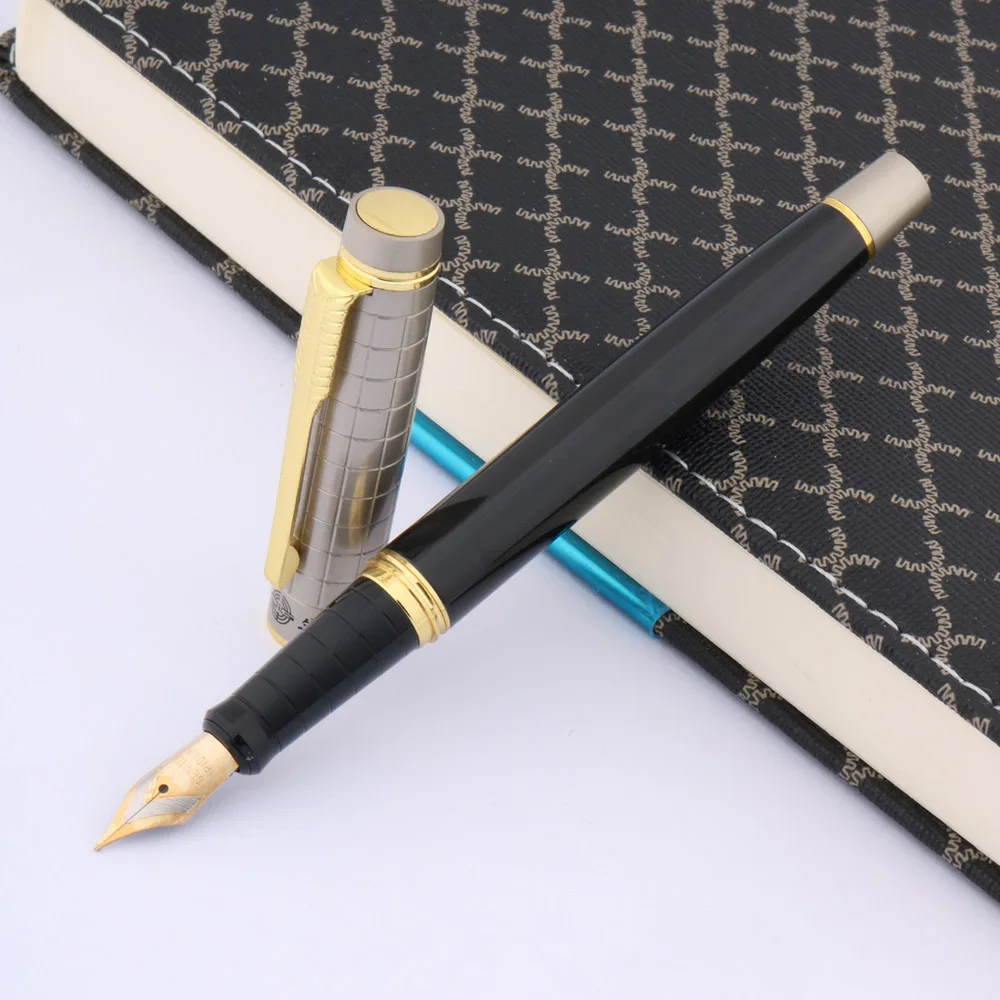 Металлическая перьевая ручка 223 подарок со средним пером серая Черная решетка