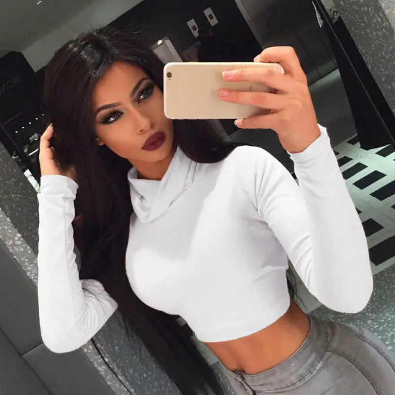 Женские облегающие топы с высоким воротником и длинным рукавом короткая рубашка