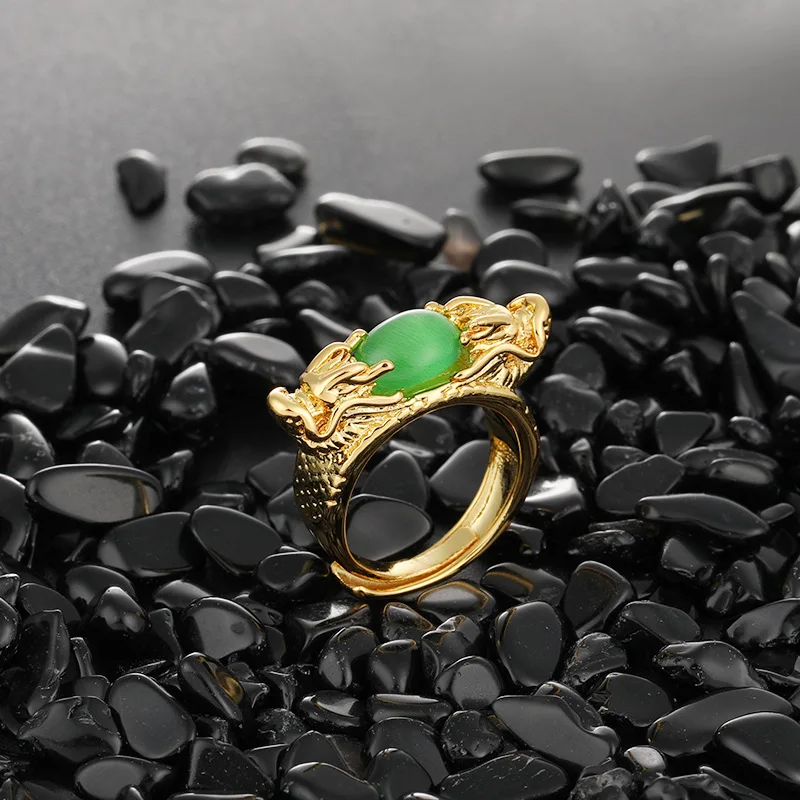 

Chinese Luxury Double Dragon Ring Aggressive Men Inlay Green Gem Semi Precious Stone Gold Color Ring Trendy Men's Nightclub Ring