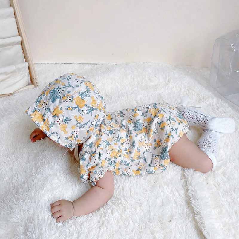 

Newborn Baby Girl Fashion Floral Double-layer Printed Short Sleeve Bodysuits Infant Comfortable Hollow Bodysuit + Same Style Hat