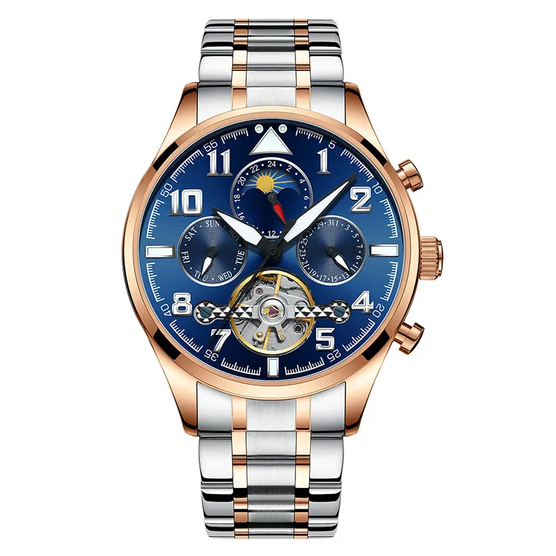 Многофункциональные часы tourbillon для мужчин люксовый бренд Moon фазный Автоматический Механические часы полый маховик мужские часы новые - Цвет: Steel strap 01