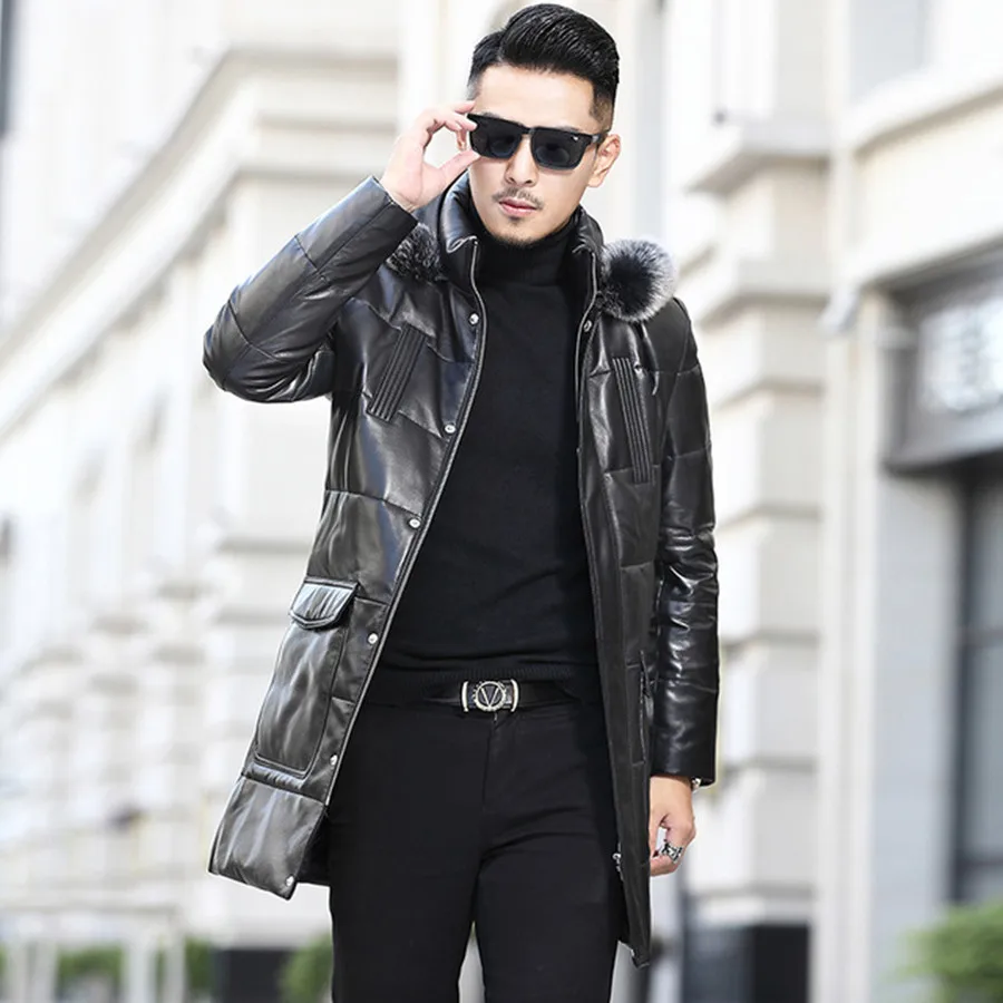 

New Winter Leather Down Jacket Thick Warm Men's Coat Hooded Fox Fur Mid-length Youth Leather Jacket